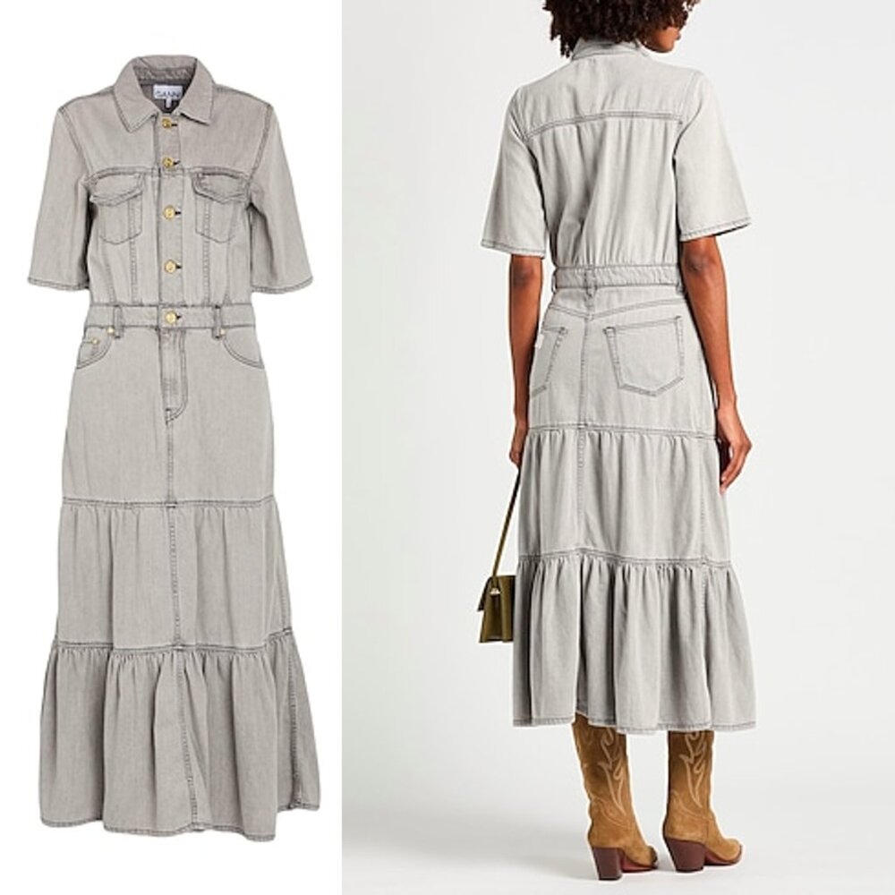 GANNI Tiered Denim Maxi Dress Gray Size 40 (EU 40 / US 8) NWT - Picture 3 of 12